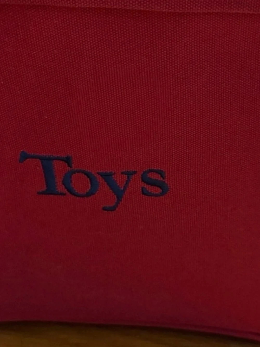 Pottery Barn Red Fabric Wire Toy Storage Bin with 'Toys' Embroidery Blue Font